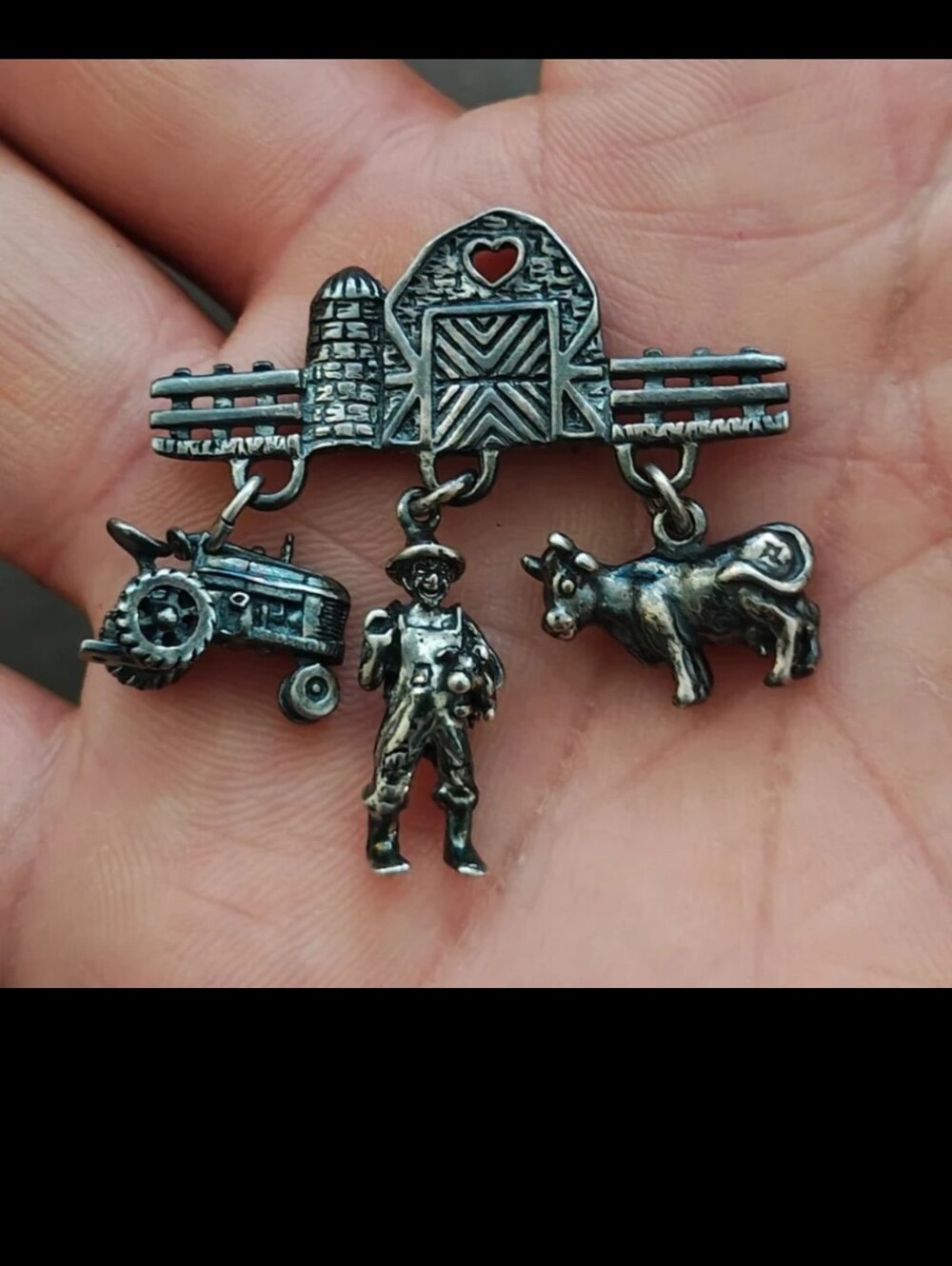 1990s Antiqued Sterling Silver Farm Charm Dangle Pin